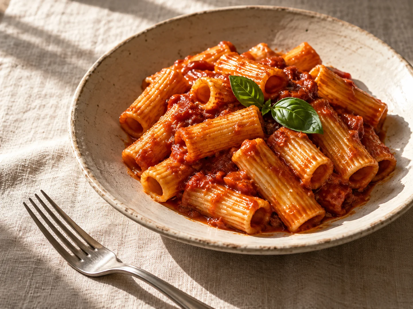 Rigatoni in tomato sauce on a ceramic plate in warm afternoon light